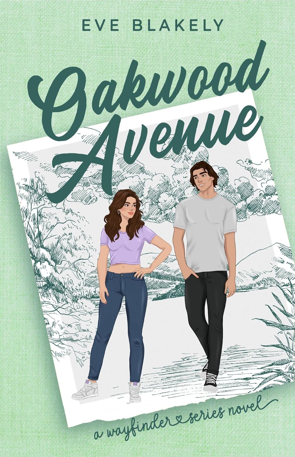 Book cover for 'Oakwood Avenue' by Eve Blakely, featuring an illustrated young woman and man walking on a path with trees in the background, set against a textured light green backdrop.