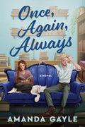 Book cover for Once, Again, Always by Amanda Gayle, featuring a man and a woman sitting on opposite ends of a blue sofa with a white cat sleeping between them. They are surrounded by books on shelves and surfaces.