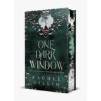 Book cover for the hardcover version o 'One Dark Window' by Rachel Gillig, featuring a dark teal-green background with ornate silver filigree, a pale skull illustration with a small red accent, and stylized title text.