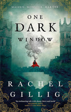 Book cover of 'One Dark Window' by Rachel Gillig with a woman in a red dress on a bridge.