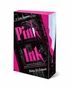 Book cover of 'Pink Ink' by Avina St. Graves with pink and black design on a university background, it has sprayed edges with pink blood coating a knife