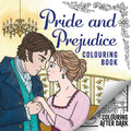 Front cover of a 'Pride and Prejudice Colouring Book' featuring an illustrated Regency couple in an elegant room, with decorative floral borders.