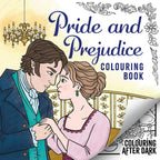 Front cover of a 'Pride and Prejudice Colouring Book' featuring an illustrated Regency couple in an elegant room, with decorative floral borders.