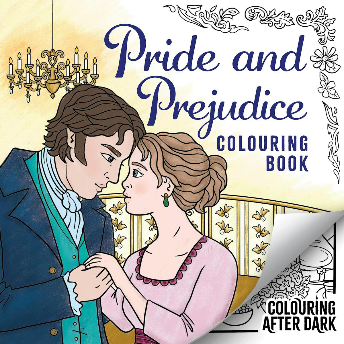 Front cover of a 'Pride and Prejudice Colouring Book' featuring an illustrated Regency couple in an elegant room, with decorative floral borders.