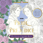 Front cover of the BBC's 'Pride & Prejudice The Official Colouring Book'. The cover features a lavender background with black-and-white line art portraits of Mr. Darcy and Elizabeth. 