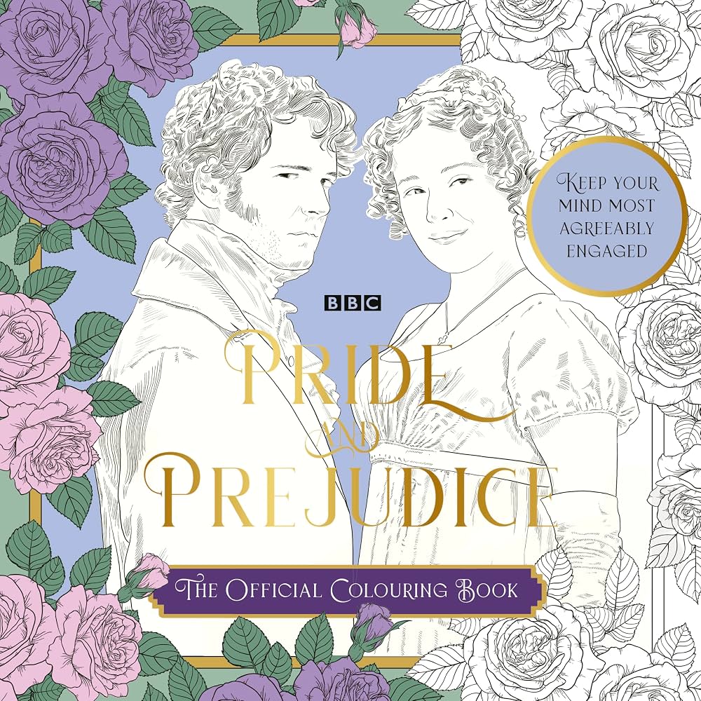 Front cover of the BBC's 'Pride & Prejudice The Official Colouring Book'. The cover features a lavender background with black-and-white line art portraits of Mr. Darcy and Elizabeth. 