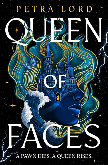 Book cover of 'Queen of Faces' by Petra Lord with a face that has the top half morphing into a castle and wavy design on a dark starry background.