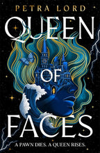 Book cover of 'Queen of Faces' by Petra Lord with a face that has the top half morphing into a castle and wavy design on a dark starry background.