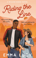 Book cover of 'Riding the Line' by Emma Lucy, featuring a man in a leather jacket and a woman in a cowboy hat against an orange landscape.