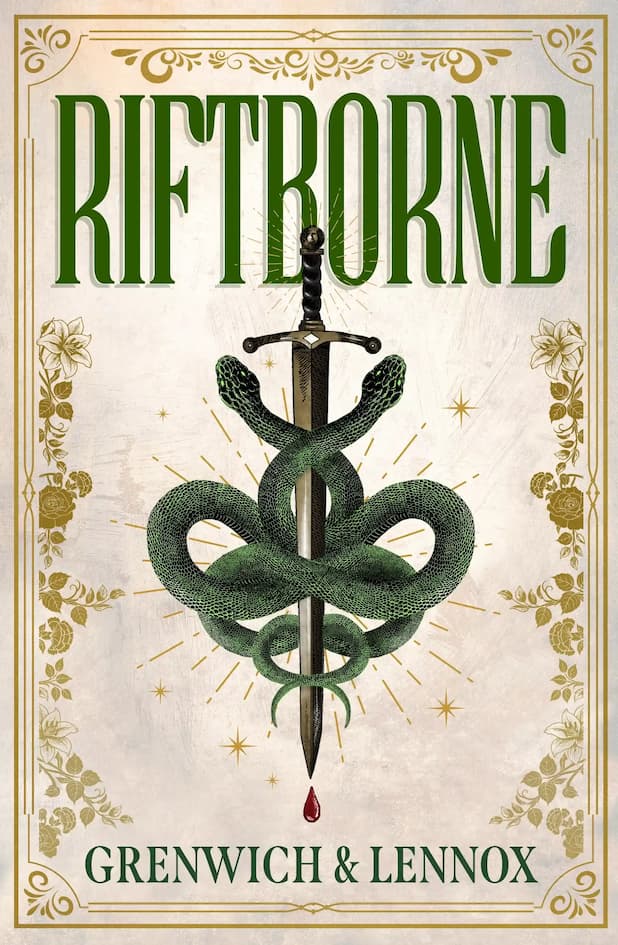 Book cover for 'Riftborne' by Grenwich & Lennox, featuring a central illustration of a green snake wrapped around a dagger with a small red blood drop, set against a textured cream background with ornate gold borders and green title text.