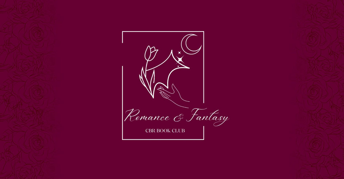 A digital graphic featuring a white line art logo of a bat wing, a crescent moon, and flowers, with the text 'Romance & Fantasy' and 'CBR BOOK CLUB' centered on a dark magenta background with subtle rose patterns.