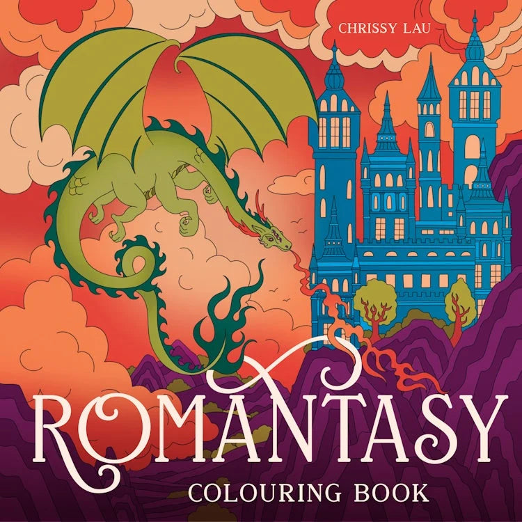 Cover of 'Romantasy Coloring Book' with a dragon and castle design.