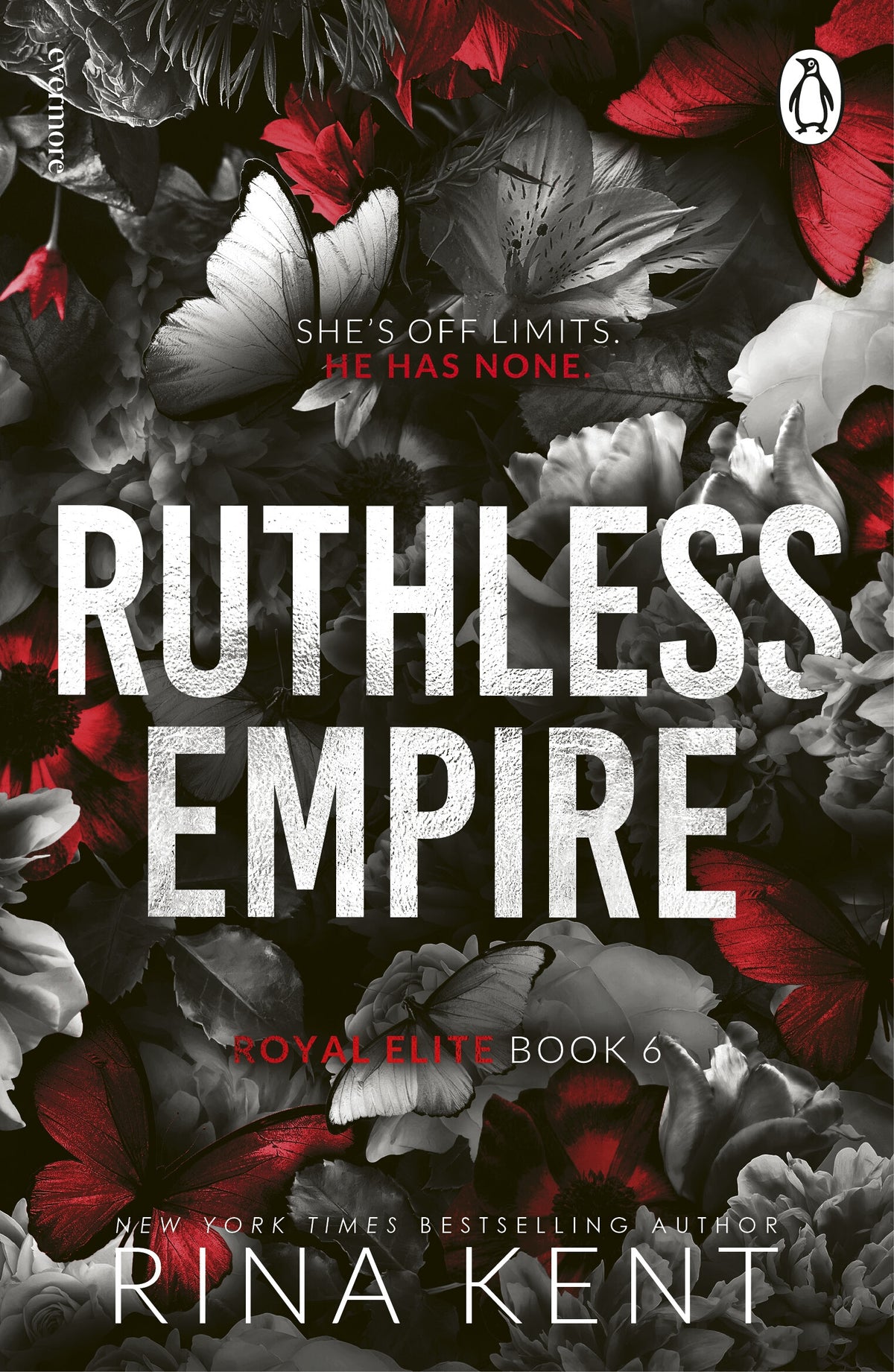 Book cover of 'Ruthless Empire' by Rina Kent, featuring a red and silver floral design with large white text.