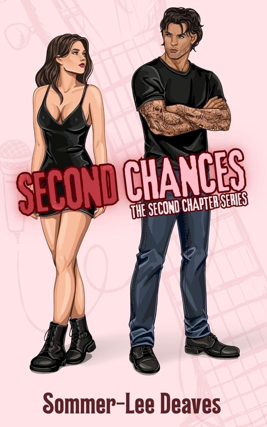 Book cover for Second Chances by Sommer-Lee Deaves, featuring an illustration of a man and a woman looking over their shoulder at each other with a pale pink background.