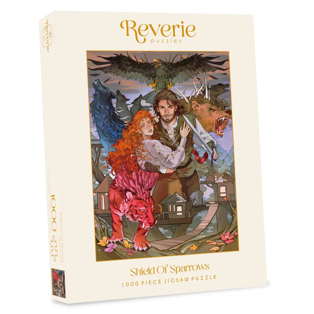 Officially licensed puzzle of Shield Of Sparrows by Devney Perry by Reverie Puzzles, beautifully illustrated with Odessa, the Guardian, and the monsters that fill their world.