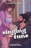 Book cover for 'Singing My Tune' by Layla Pine, featuring an illustrated romantic scene of a woman in a lavender top and skirt looking down at a bearded man in a dark shirt, with stylized white title text across the center.