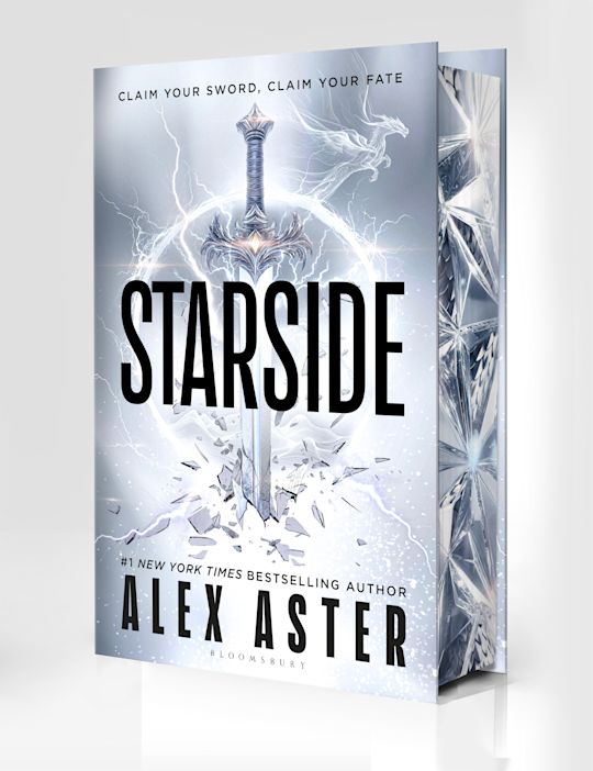 Book cover for 'Starside' by Alex Aster, featuring a large silver sword piercing icy shards with lightning effects, and crystalline digital printed edges, shown as a 3D book mockup on a light gray background.