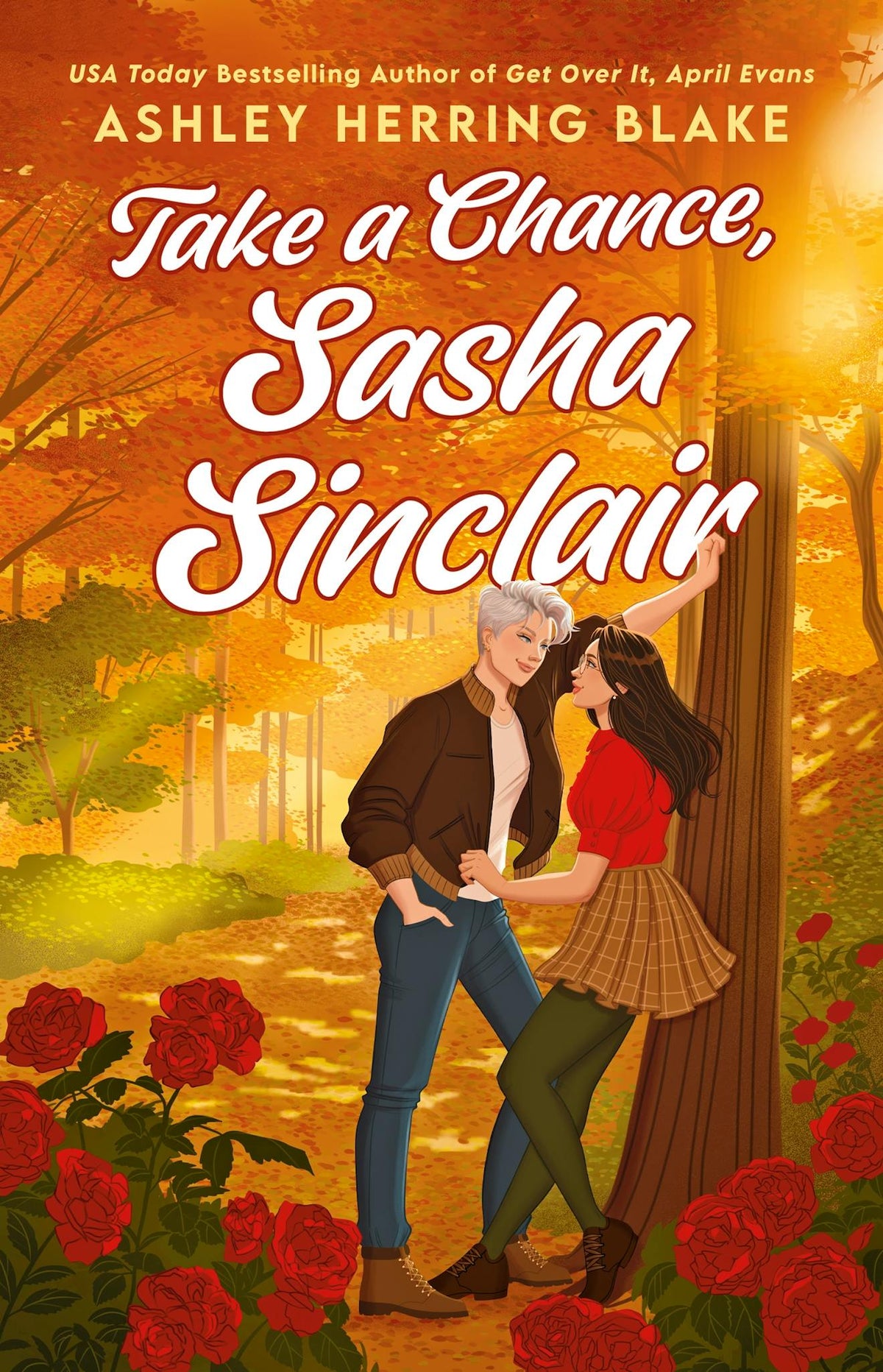 Book cover of 'Take a Chance, Sasha Sinclair' with a couple of women in a forest surrounded by roses. One has her back to a tree and looking into the eyes of the other who is leaning against the tree with one arm.