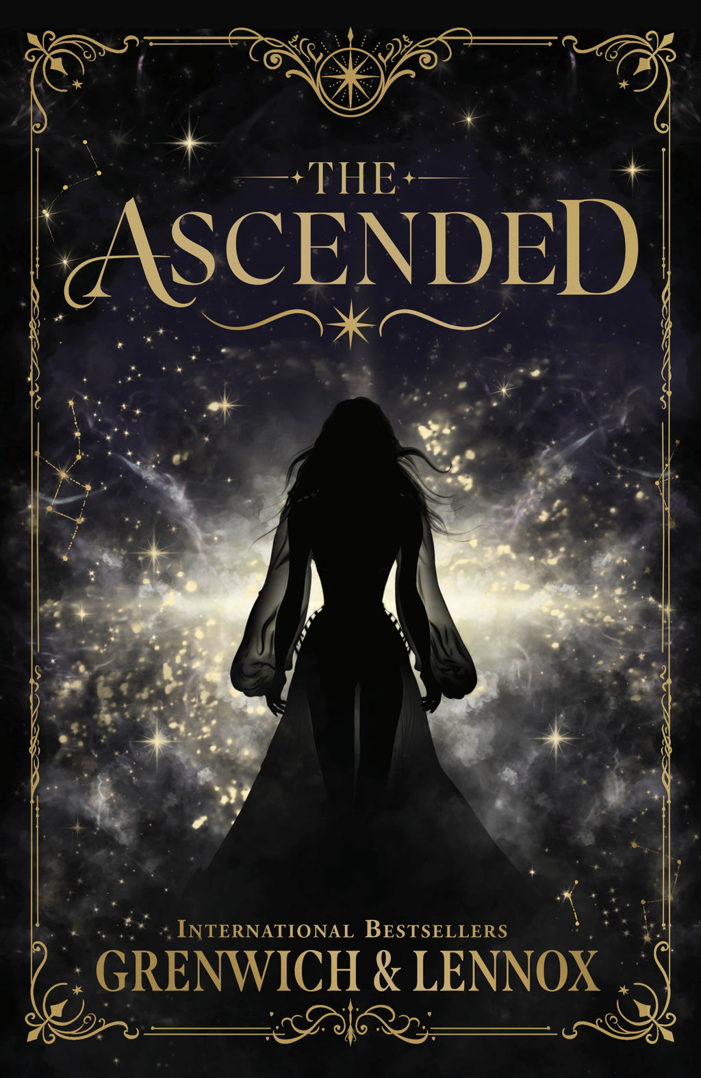 Book cover for 'The Ascended' by Grenwich & Lennox, featuring a dark silhouette of a woman in a flowing gown against a starry cosmic sky with ornate gold decorative borders and title text.