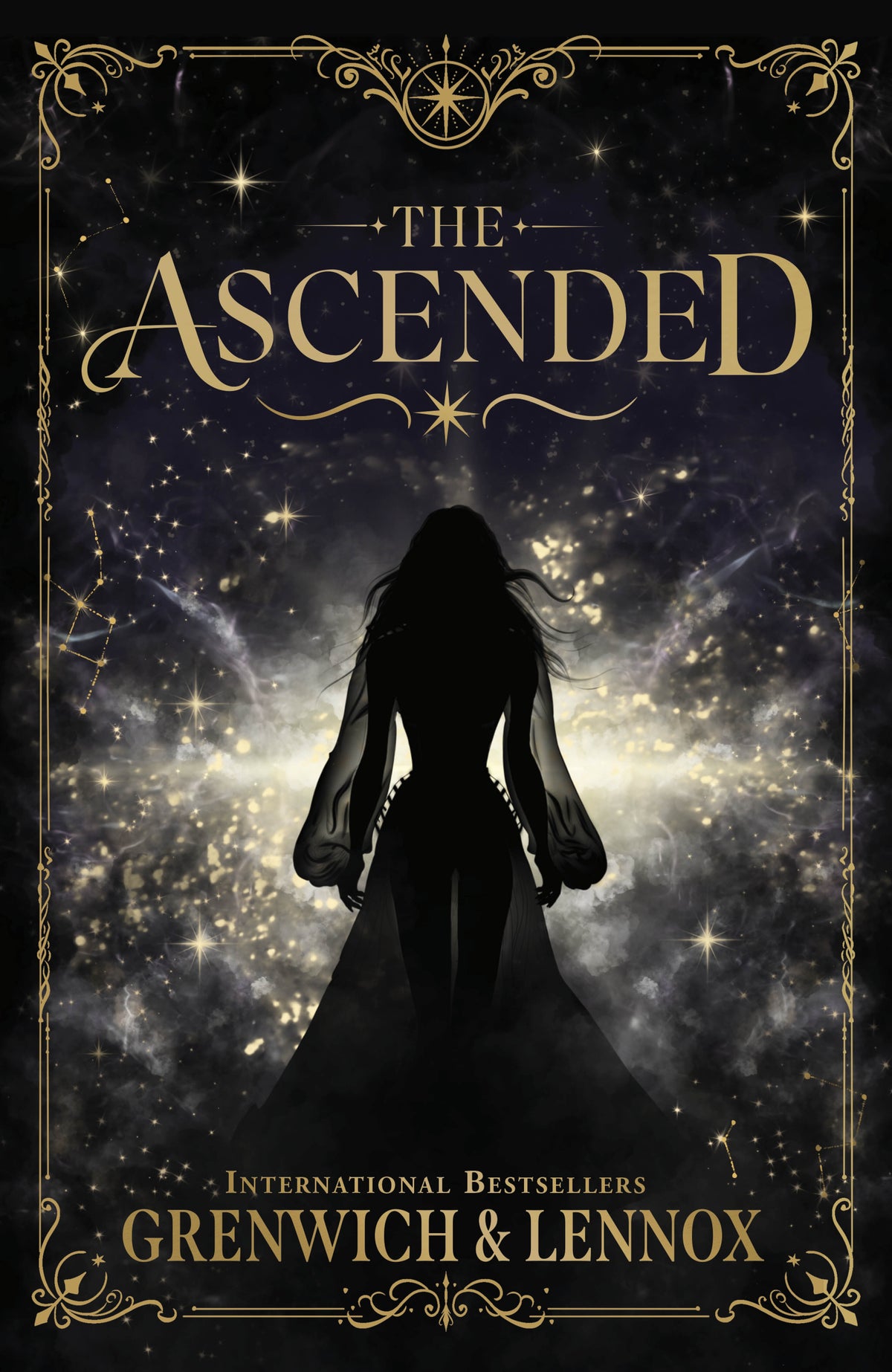Book cover for 'The Ascended' by Grenwich & Lennox, featuring a dark silhouette of a woman in a flowing gown against a starry cosmic sky with ornate gold decorative borders and title text.