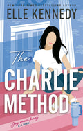Book cover for The Charlie Method by Elle Kennedy, featuring a graphic design of a woman in jeans and a t-shirt sitting cross-legged on some pink stairs at a blue university.