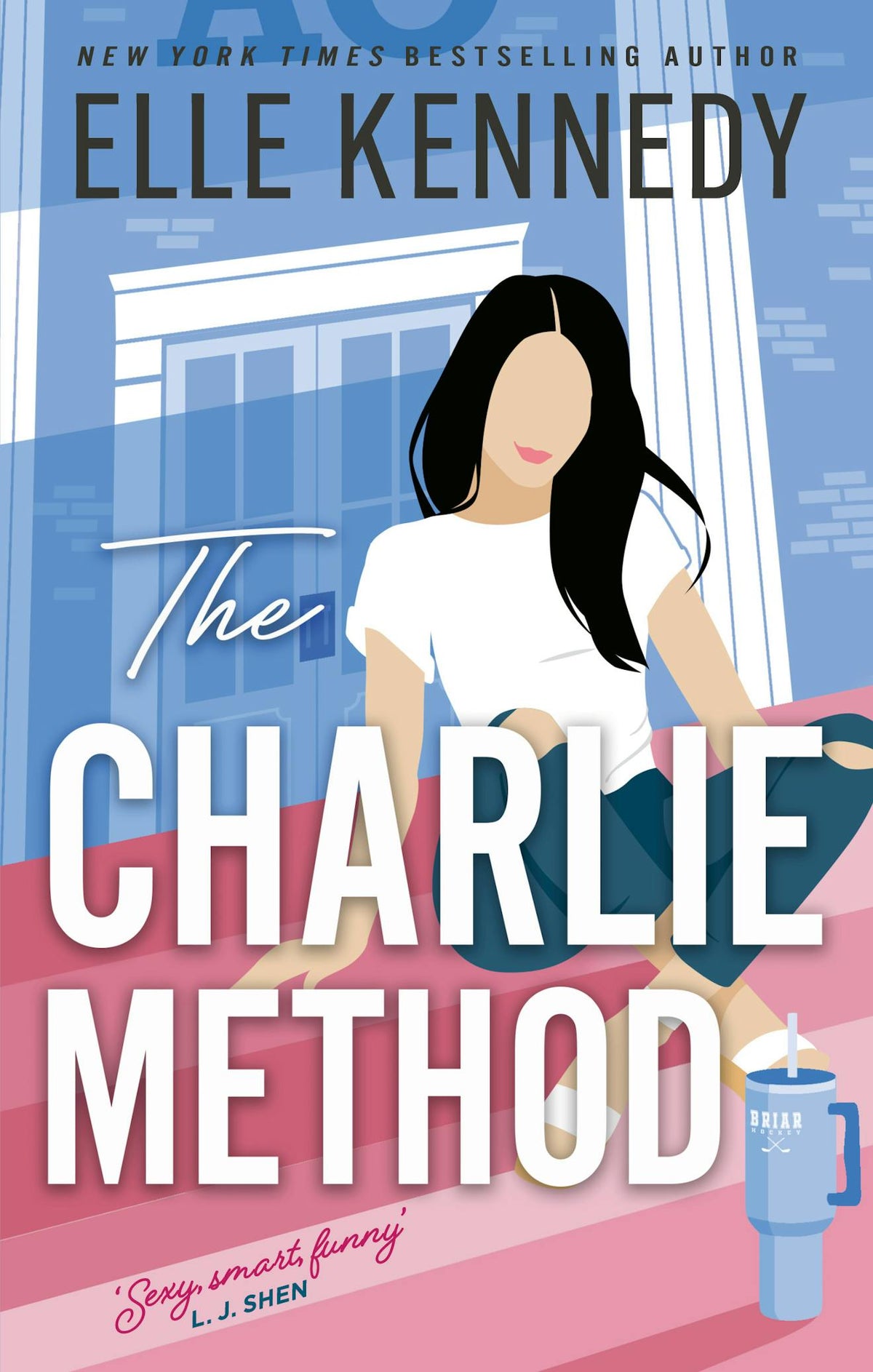 Book cover for The Charlie Method by Elle Kennedy, featuring a graphic design of a woman in jeans and a t-shirt sitting cross-legged on some pink stairs at a blue university.