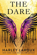 The cover of 'The Dare' by Harley Laroux, featuring a gold cover with purple wings dripping black.