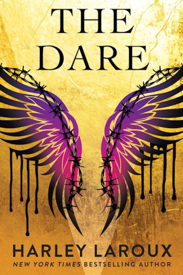 The cover of 'The Dare' by Harley Laroux, featuring a gold cover with purple wings dripping black.
