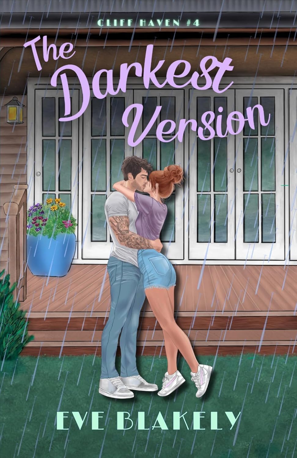 Book cover for 'The Darkest Version' by Eve Blakely, showing a couple embracing in the rain in front of a house with large windows. The title is written in large purple script, with the author's name in light green at the bottom.