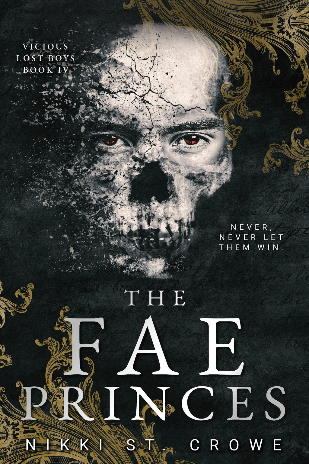 Book cover of 'The Fae Princes' by Nikki St. Crowe, featuring a textured back background with gold filigree on the corners, a disintegrating skull, and white text.