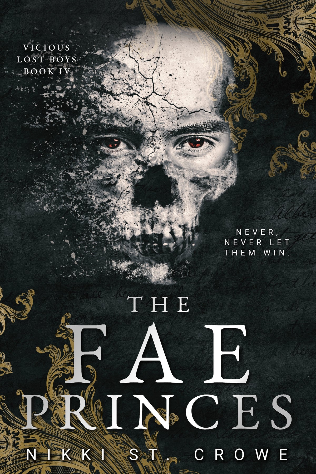 Book cover of 'The Fae Princes' by Nikki St. Crowe, featuring a textured back background with gold filigree on the corners, a disintegrating skull, and white text.