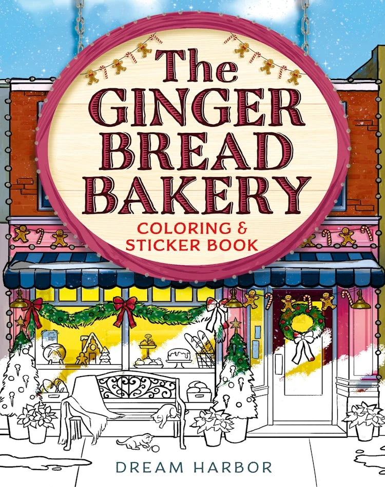 Coloring book cover of 'The Gingerbread Bakery' with a festive bakery illustration half coloured in.