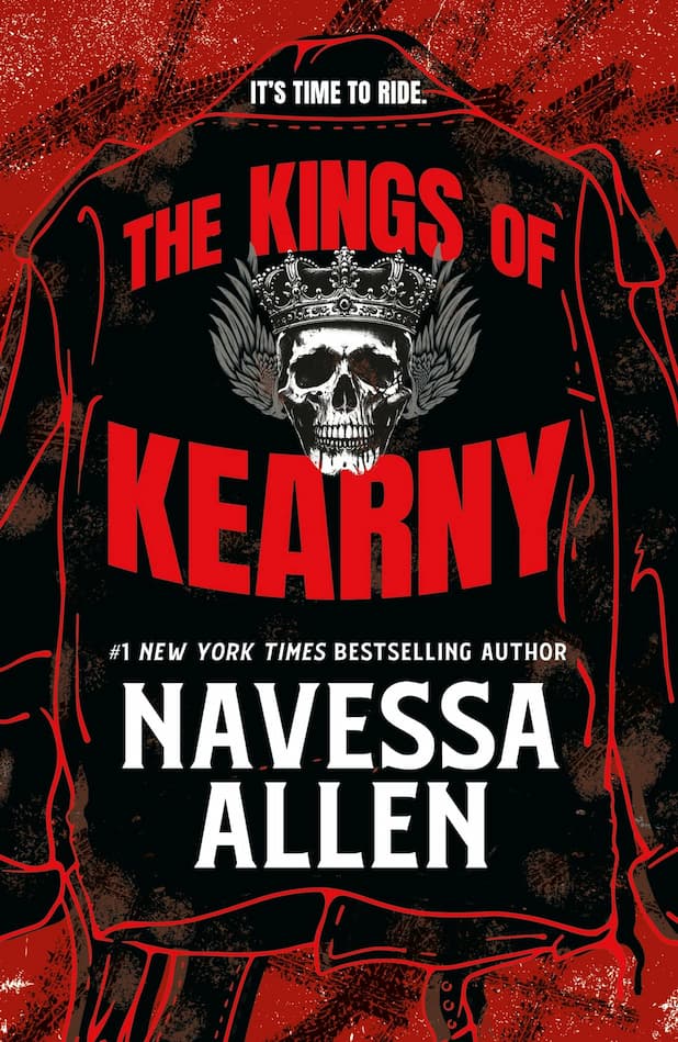 Book cover of 'The Kings of Kearny' by Navessa Allen with a skull and crown design on a black and red background.