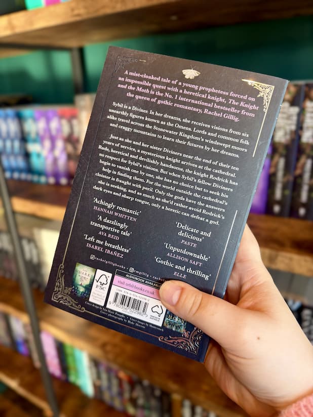 A hand holding the back of a copy of 'The Knight and the Moth' by Rachel Gillig, featuring a dark textured background with white and pink text.