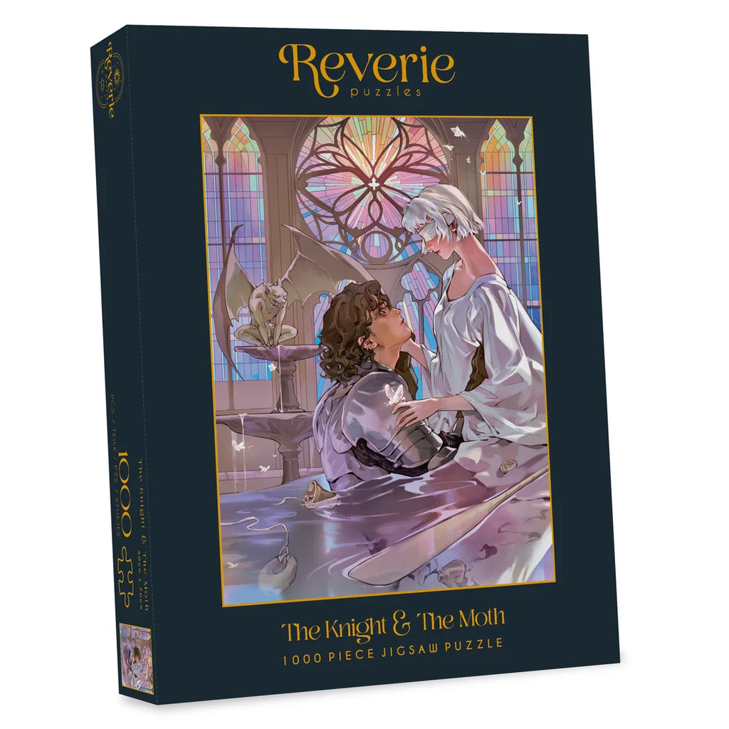 A boxed jigsaw puzzle package titled "The Knight & The Moth" by Reverie Puzzles, showing an illustrated scene of Sybil, Rory and Bartholomew the gargoyle set within the hauntingly beautiful Aisling Cathedral of Traum, with the Omens' stone objects floating in the spring. 