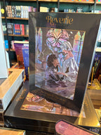 A stack of boxed jigsaw puzzles titled "The Knight & The Moth" by Reverie Puzzles, showing an illustrated scene of Sybil, Rory and Bartholomew the gargoyle set within the hauntingly beautiful Aisling Cathedral of Traum, with the Omens' stone objects floating in the spring. 