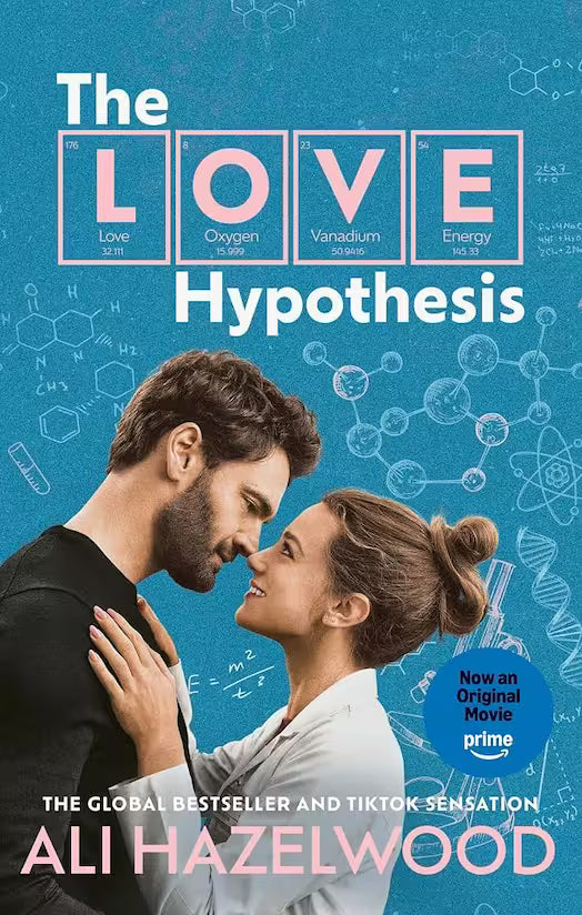 Book cover for 'The Love Hypothesis' by Ali Hazelwood, featuring a man and woman facing each other on a blue background with periodic-table-style lettering for 'LOVE' and scientific diagrams.