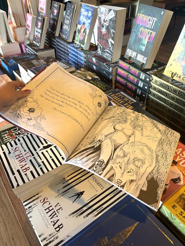 A hand with pink nail polish holding the back of a copy of 'The Official Blood and Ash Coloring Book' by Jennifer L. Armentrout, featuring a quote on the left page and a woman in a dress walking beside a wolf on the right page.