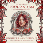 The cover of 'The Official Blood and Ash Coloring Book' by Jennifer L. Armentrout, featuring a cream background with red detailing as the border and a woman's portrait in the centre.  