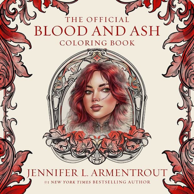 The cover of 'The Official Blood and Ash Coloring Book' by Jennifer L. Armentrout, featuring a cream background with red detailing as the border and a woman's portrait in the centre.  