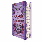 The Poison Daughter book by Sheila Masterson, featuring a purple floral cover with a potted plant illustration and a cream-colored inner slipcase with purple text and floral designs.