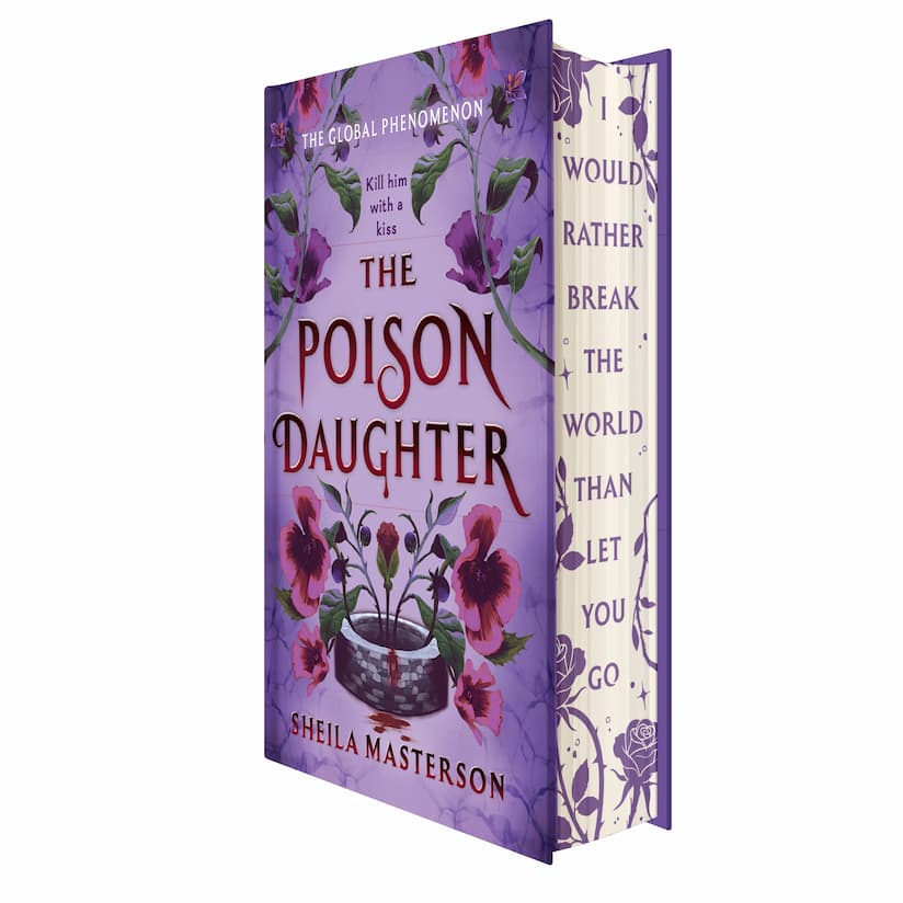 The Poison Daughter book by Sheila Masterson, featuring a purple floral cover with a potted plant illustration and a cream-colored inner slipcase with purple text and floral designs.