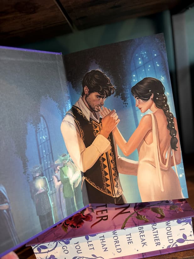 The special edition verion of The Poison Daughter by Sheila Masterson,open to the end pages, featuring a man and woman facing each other, he's holding her hand to his mouth seductively kissing her fingers, the background features a blue castle with stars in the large windows and greenery draping down over the windows. 