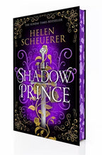 The book cover of 'The Shadow Prince' by Helen Scheuerer, featuring a dark purple and black background with ornate gold filigree, a silver sword, and white title lettering. The book is shown at an angle to display both the front cover and the purple sprayed edges.