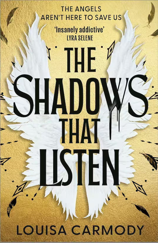 Book cover of 'The Shadows That Listen' with white wings and gold background.