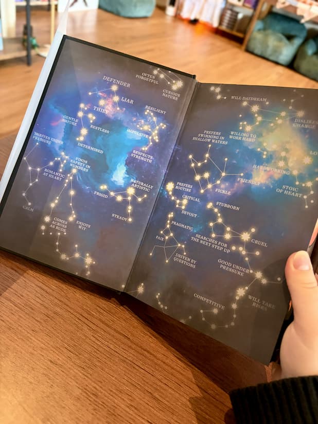 A hand holding open a copy of the special edition of 'The Sweetest Fiend' by Raven Kennedy, showing a fantasy constellation.