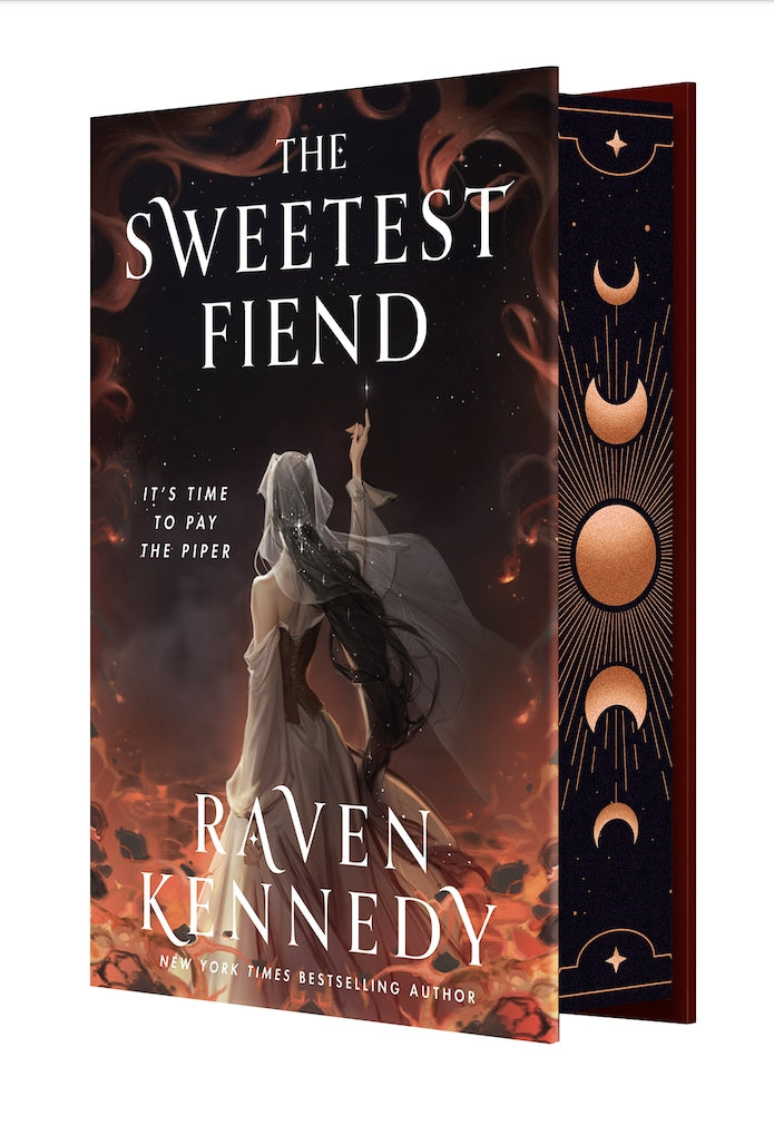 Book cover for 'The Sweetest Fiend' by Raven Kennedy, showing a dark fantasy illustration of a hooded figure with a glowing staff against a fiery red and black background, with sprayed edges featuring moon phases on the right.