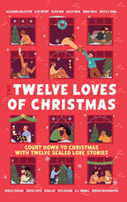 Book cover for 'The Twelve Loves of Christmas' featuring a bright red background with illustrated holiday scenes in window frames and large white title text.