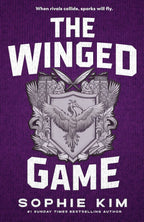 Book cover for 'The Winged Game' by Sophie Kim, featuring a textured purple background with bold white title text and a central silver-gray winged crest.