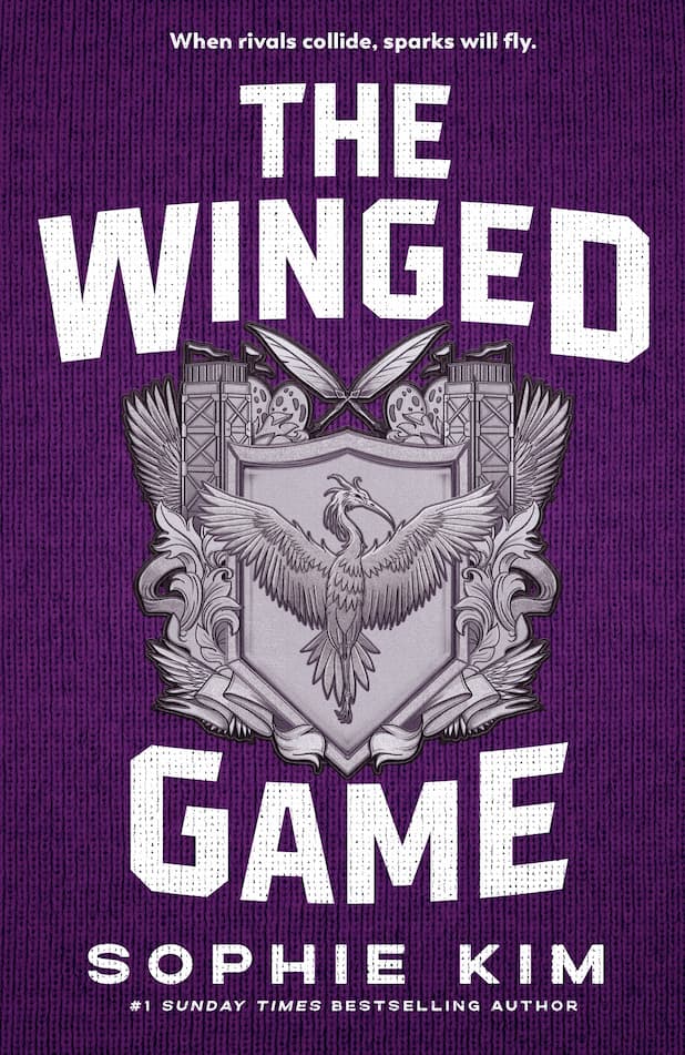 Book cover for 'The Winged Game' by Sophie Kim, featuring a textured purple background with bold white title text and a central silver-gray winged crest.